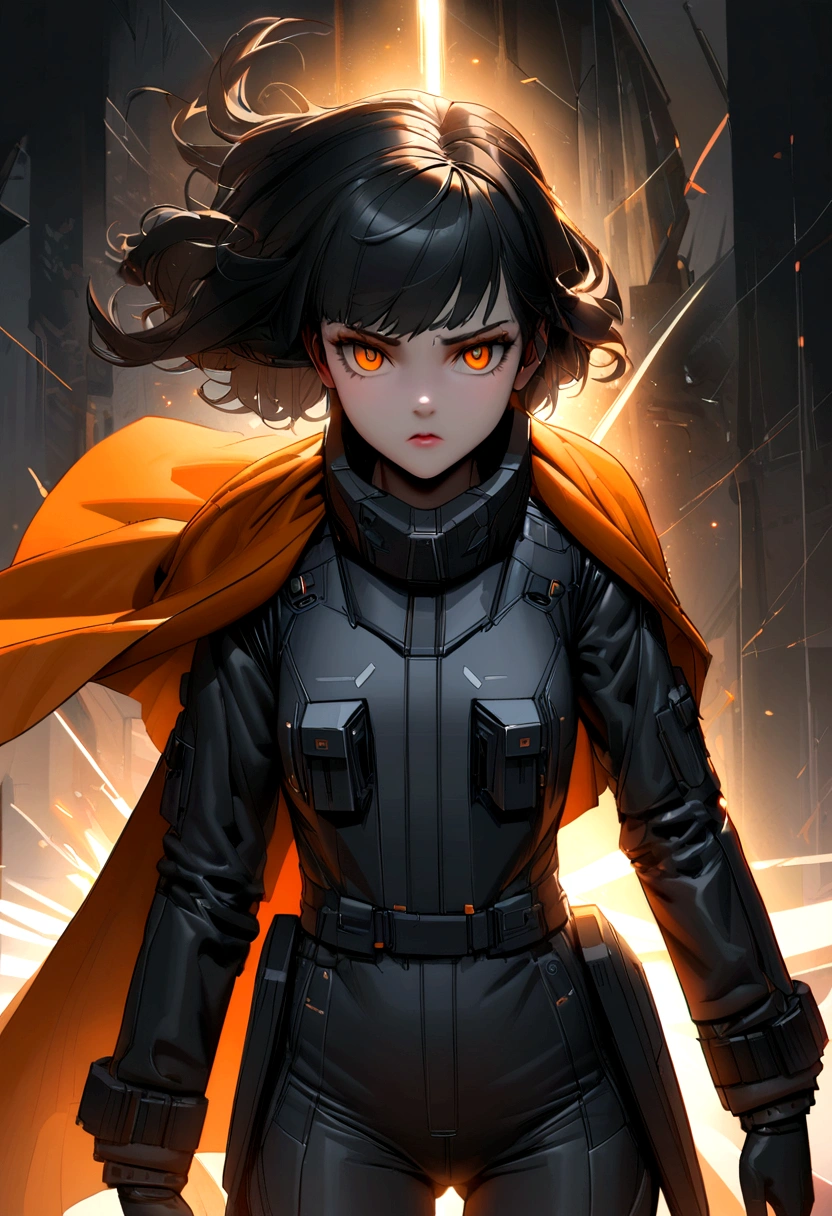 long black-haired white -yeld giwear military suit, orange cape, big hazel eyes, sci-fi, dark mood, charturnerv2