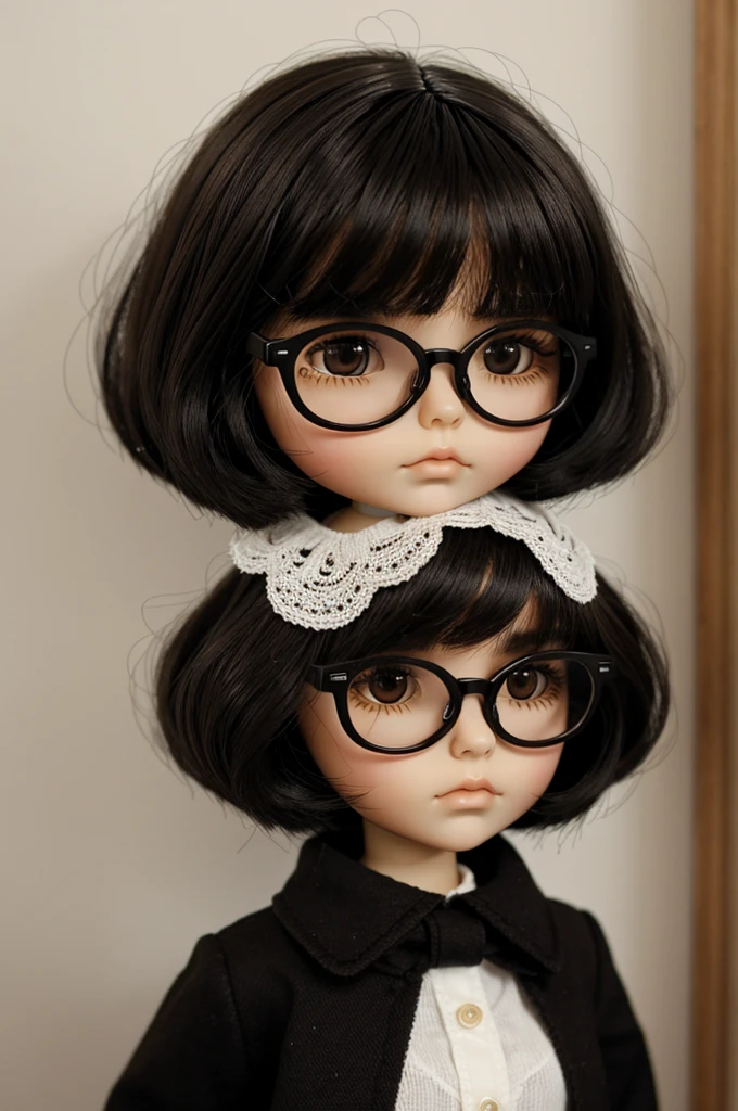 blythe doll, dark brown eyes, white glasses, short black hair, Cheeks
