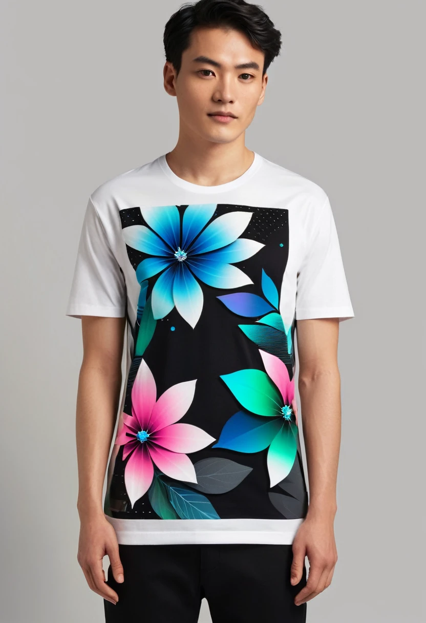 The flower petals should seamlessly blend with pixelated elements and glitch effects, symbolizing the fusion of nature and technology. The background of the shirt is neutral (white, black, or dark gray) to highlight the vibrant colors of the flower. Surround the flower with a soft glow of gradient colors transitioning from natural greens and blues to vibrant neons. Add fine metallic geometric lines interwoven with the main design, giving a touch of elegance and sophistication. Include a small, minimalist "Éclat" signature at the lower right corner of the design, accompanied by a tiny digital icon. Ensure the design is detailed and visually captivating, suitable for a high-quality, modern, and slightly fitted t-shirt made from organic cotton with a touch of elastane.