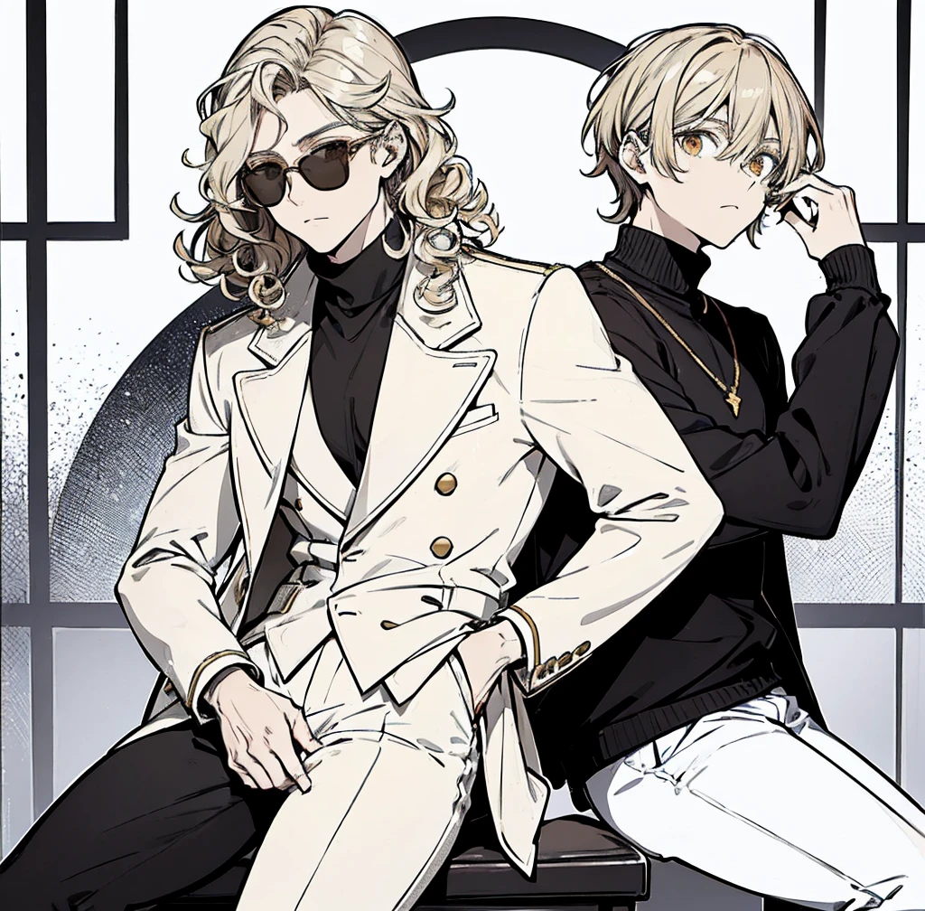 One person, Tall, tan, male, lean and fit, blonde gold curly hair, deep brown eyes, wearing black velvet long sleeve turtleneck, white collard jacket, white pants, white high tops, handsome as hell, wearing sunglasses.