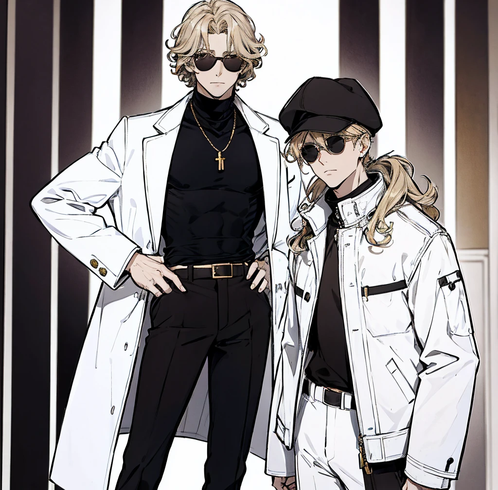 One person, Tall, tan, male, lean and fit, blonde gold curly hair, deep brown eyes, wearing black velvet long sleeve turtleneck, white collard jacket, white pants, white high tops, handsome as hell, wearing sunglasses.