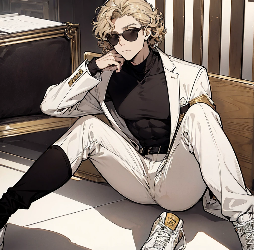One person, Tall, tan, male, lean and fit, blonde gold curly hair, deep brown eyes, wearing black velvet long sleeve turtleneck, white collard jacket, white pants, white high tops, handsome as hell, wearing sunglasses.