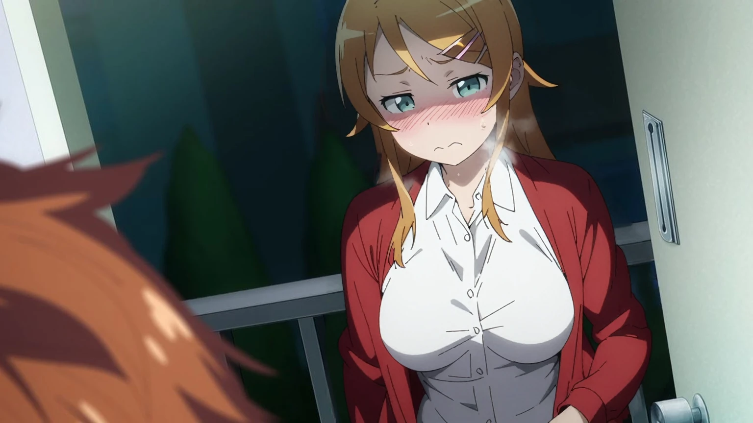 1girl, kousaka kirino, ore no imouto ga konna ni kawaii wake ga nai, masterpiece, best quality, very aesthetic, absurdres, (faint light), (deep shadows), anime coloring, nsfw, blush, cinematic lighting, realistic shadows, fine_ascxl, anime screencap, heavy breathing, steaming_body, (medium_breasts:1.0), night, nighttime, pitch black room, Finely detailed background, (nervous:1.0), looking_at_viewer, half_closed_eyes,