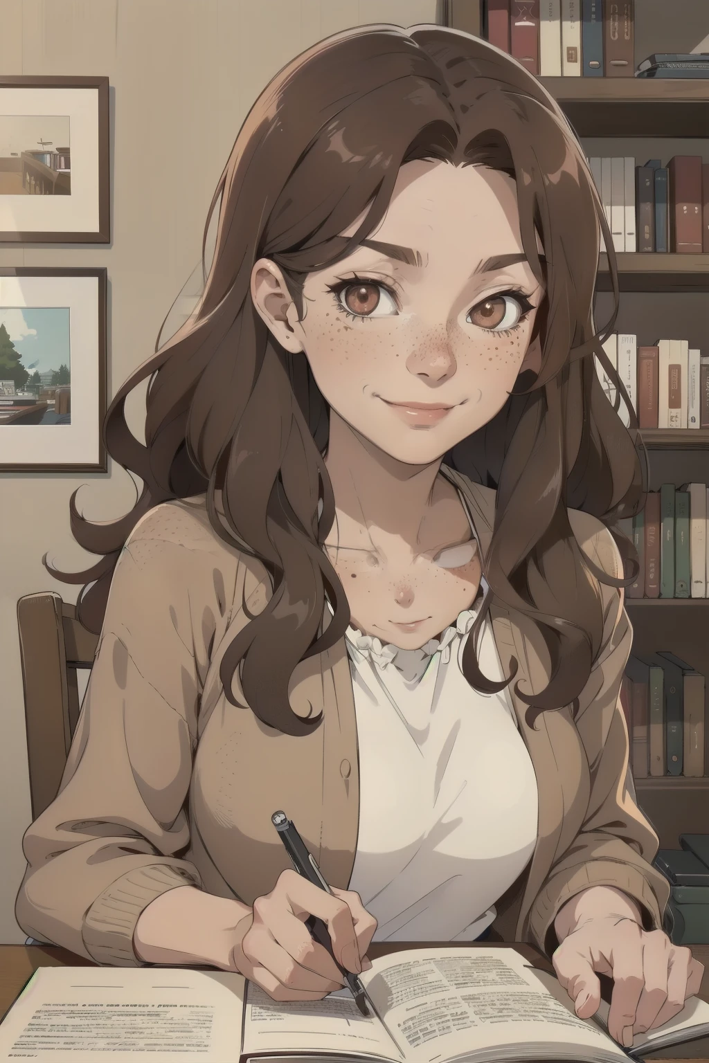 Prompt: A 50-year-old woman named Saki, no wearing. She has dark red medium-length wavy hair, with a few loose strands framing her face. She has thoughtful, contemplative eyes, a few freckles, and a relaxed smile. She is in a cozy study with bookshelves, a writing desk, and a typewriter.