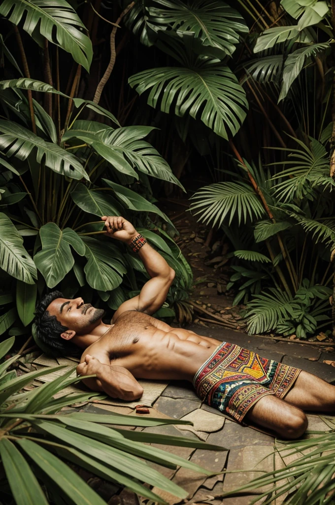 An Aztec man in drawing lying on the floor in a jungle