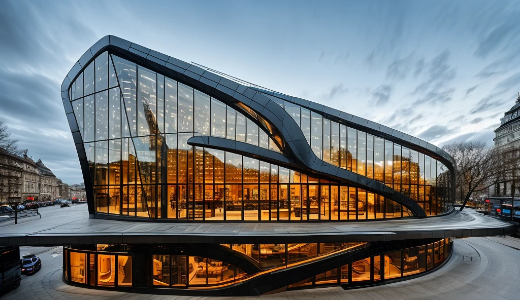 (coffee-house), style mordern, Zaha Hadid architer, inspired of Norman Forster, glass with steel frame facade, design, beautiful landscape, pavement,cars, RAW photo, 8k uhd, dslr, soft lighting, high quality, film grain, Fujifilm XT3,masterpiece,