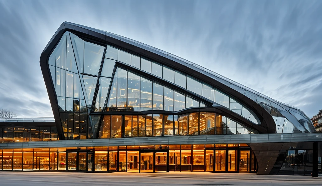 (coffee-house), style mordern, Zaha Hadid architer, inspired of Norman Forster, glass with steel frame facade, design, beautiful landscape, pavement,cars, RAW photo, 8k uhd, dslr, soft lighting, high quality, film grain, Fujifilm XT3,masterpiece,