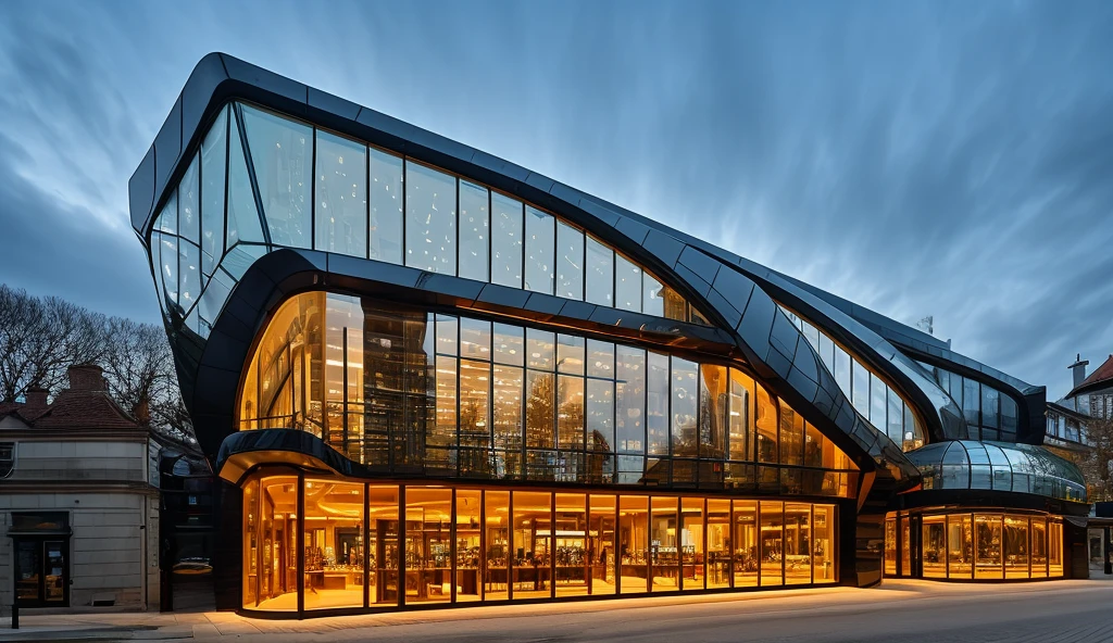 (coffee-house), style mordern, Zaha Hadid architer, inspired of Norman Forster, glass with steel frame facade, design, beautiful landscape, pavement,cars, RAW photo, 8k uhd, dslr, soft lighting, high quality, film grain, Fujifilm XT3,masterpiece,