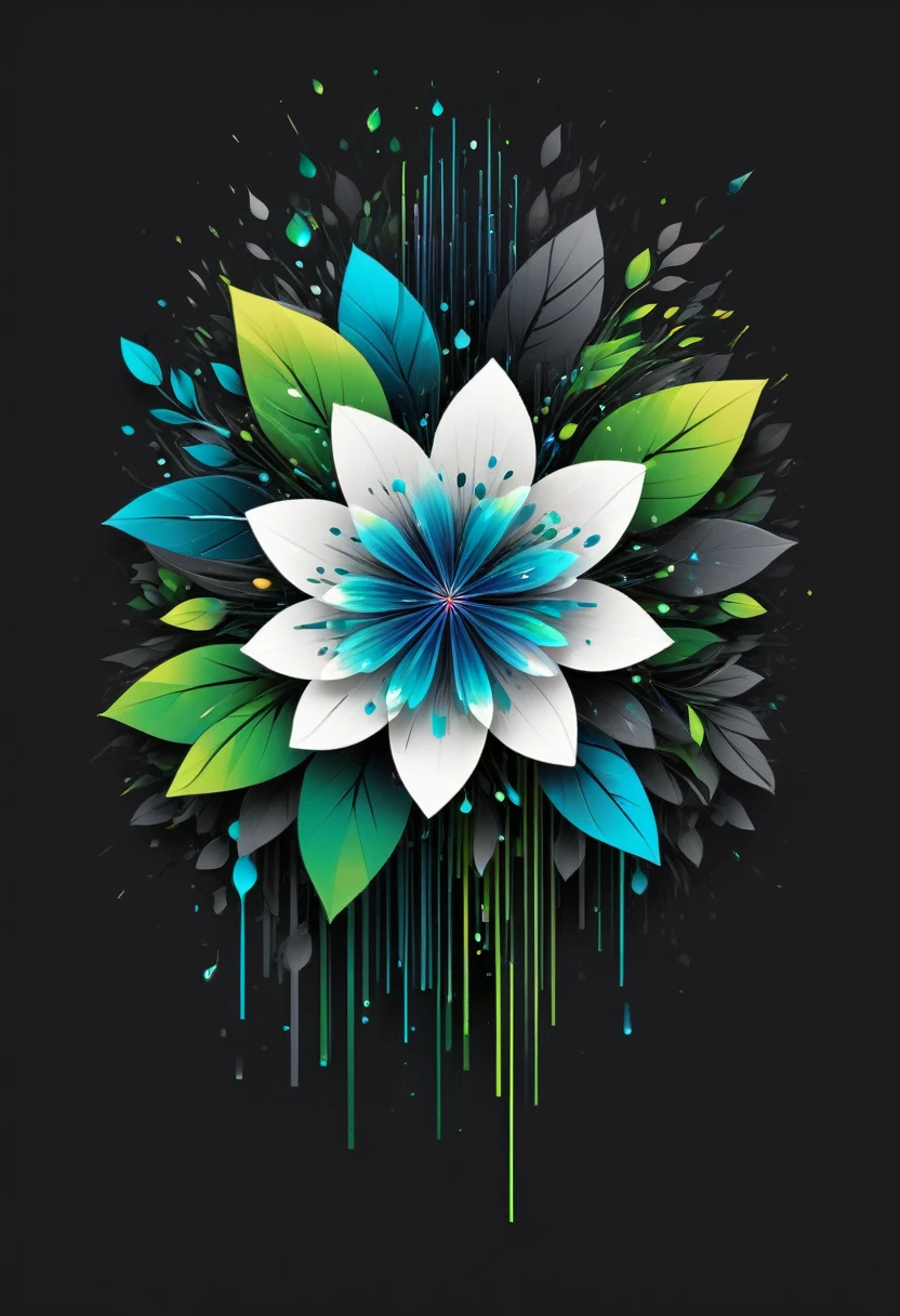 The flower petals should seamlessly blend with pixelated elements and glitch effects, symbolizing the fusion of nature and technology. The background of the shirt is neutral (white, black, or dark gray) to highlight the vibrant colors of the flower. Surround the flower with a soft glow of gradient colors transitioning from natural greens and blues to vibrant neons. Add fine metallic geometric lines interwoven with the main design, giving a touch of elegance and sophistication. Include a small, minimalist "Éclat" signature at the lower right corner of the design, accompanied by a tiny digital icon. Ensure the design is detailed and visually captivating, suitable for a high-quality, modern, and slightly fitted t-shirt made from organic cotton with a touch of elastane.