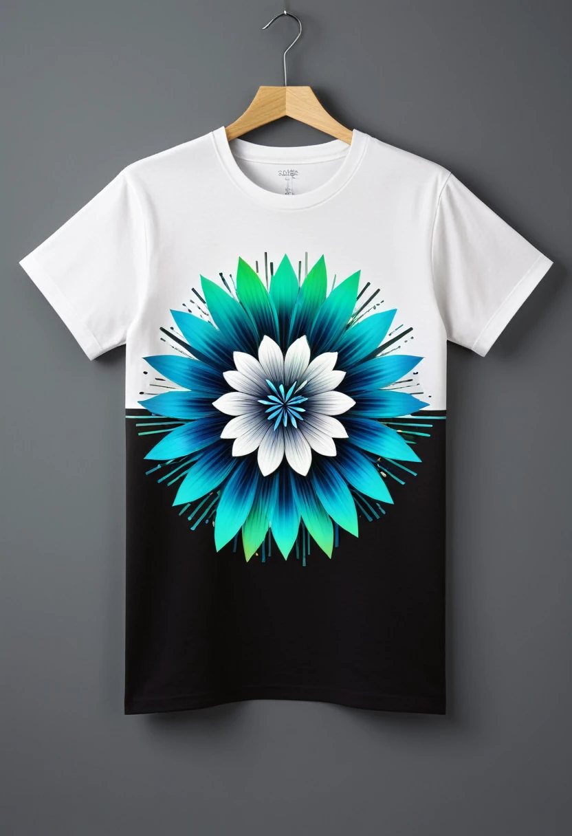 The flower petals should seamlessly blend with pixelated elements and glitch effects, symbolizing the fusion of nature and technology. The background of the shirt is neutral (white, black, or dark gray) to highlight the vibrant colors of the flower. Surround the flower with a soft glow of gradient colors transitioning from natural greens and blues to vibrant neons. Add fine metallic geometric lines interwoven with the main design, giving a touch of elegance and sophistication. Include a small, minimalist "Éclat" signature at the lower right corner of the design, accompanied by a tiny digital icon. Ensure the design is detailed and visually captivating, suitable for a high-quality, modern, and slightly fitted t-shirt made from organic cotton with a touch of elastane.