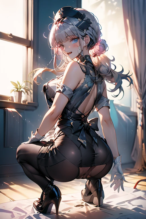 1girl, (solo:1.2),her thin pubic hair, (cowboy shot:1.2), (Beautiful and detailed eyes description), (Beautiful and detailed face), Perfect female body, neat figure, slender waist, (young girl), (20 years old), long hair, platinum blonde hair, very big eyes, blue eyes, (medium breasts:1.4), blush, shy, watery lips, nurse, (transparent blue nurse dress), unbuttoned, (white gloves:1.2), (black pantyhose), low heels, school nurse, hospital bed, window, white blue curtains, sunlight, squatting:0.4, (best quality), (ultra detailed), (masterpiece), (highres), (original), (extremely detailed CG unity 8K wallpaper), (NSFW 1.1), full body, beautiful face, shiny skin, thin, nice companion, delicate body, thin legs, naked apron, ((crawl on all fours:0.9)), beautiful front, cute butt,little turn around, (A picture from a very little forward:0.7), bend the body, the skirt is floating in the wind:1.4, light pink panties, thin Pubic hair ,highest quality, high resolution, Real World, Natural light, perfect Natural Light,Realistic, (cute, perfect clothes,  cute: 1.3) ,narrow waist,(with sparkling eyes and a contagious smile), open mouth, looking at viewer,

