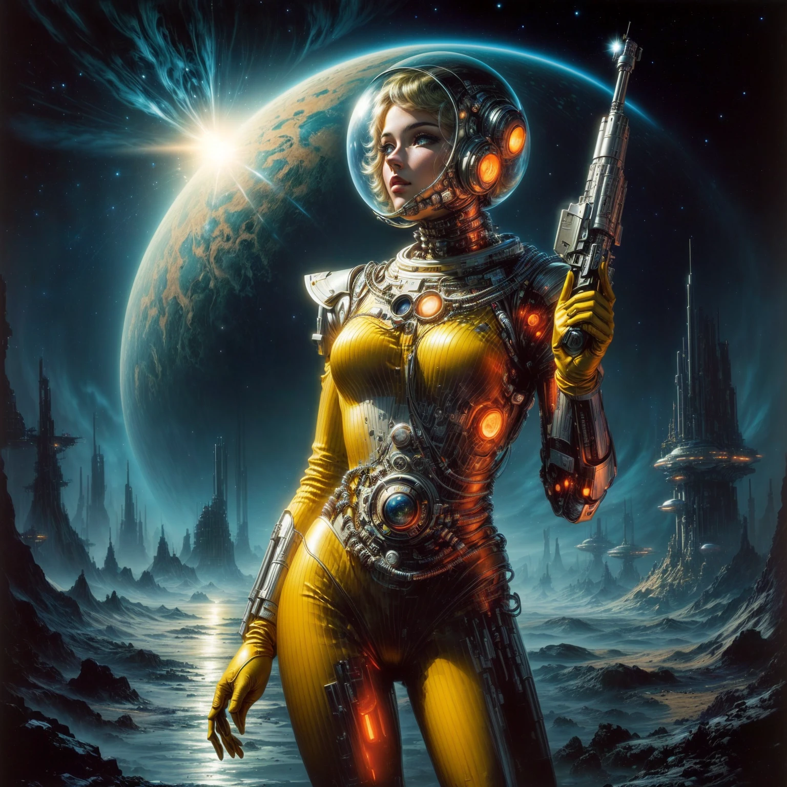 a woman in a spacesuit with a gun in front of a planet, Stil von Jim Burns, Retro-Science-Fiction-Kunst, cyborg goddess in cosmos, Greg Beeple, Vintage Science-Fiction-Kunst, 7 0 s Sci-Fi-Kunst, Frank Kelly Freas, 1 9 8 0 s Retro-Science-Fiction-Kunst