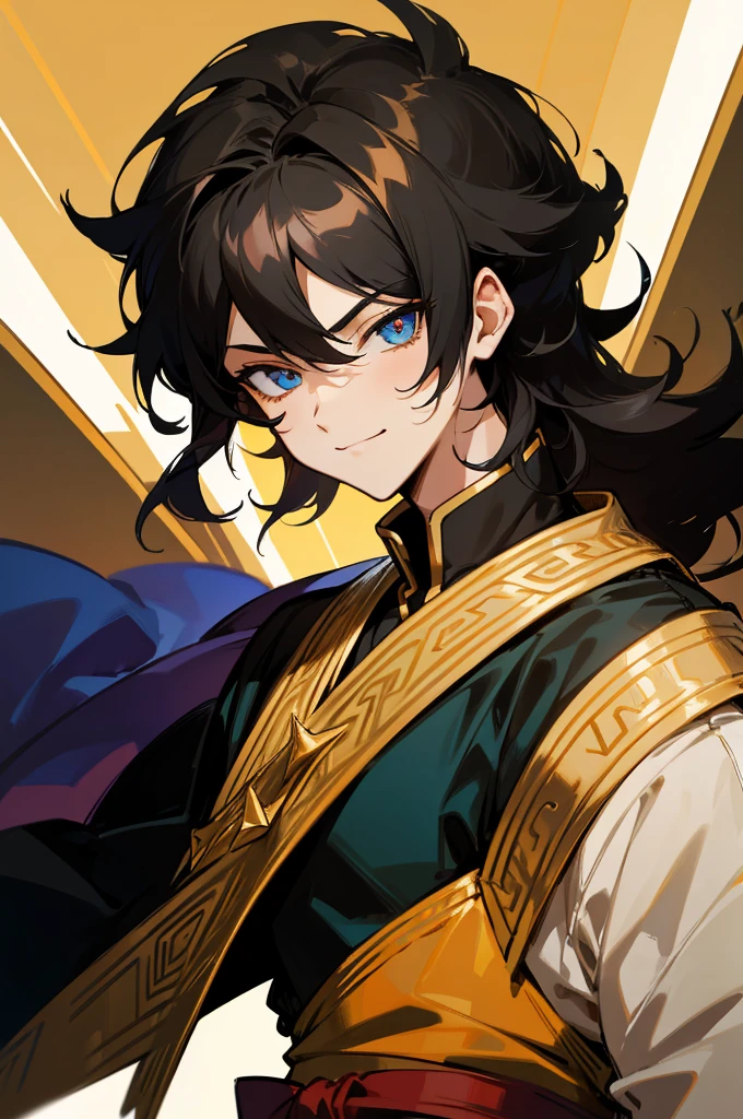 (high-quality, breathtaking),(expressive eyes, perfect face) portrait, 1boy, male, solo, young kid, , black hair, blue coloured eyes, stylised hair, gentle smile, medium length hair, loose hair, side bangs, curley hair, really spiky hair, spiked up hair, looking at viewer, portrait, ancient greek clothes, black long sleeved tunic gold trim around collar edges and down middle, greek, red and gold sash, simple background, slightly narrow eyes, masculine face, masculine eyes, baby face,happy expression, clothes similar to Hypnos Saint Seiya,