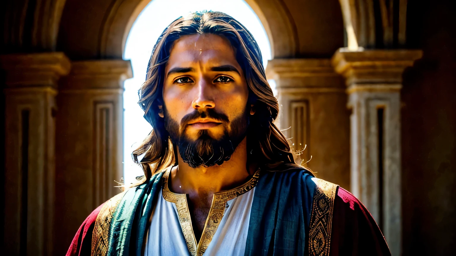 "create an image of Jesus Christ in high definition. Jesus must be portrayed with an expression of serenity and compassion, with eyes full of love and wisdom. He must have long brown hair, slightly wavy, and a well-groomed beard. Skin should be medium tone, reflecting its Middle Eastern heritage. He must be dressed in a simple light-colored tunic and a cloak that may be blue or red.. Ao fundo, include a natural landscape with gentle hills and a bright blue sky, possibly with a radiant sun or a halo of light around his head to symbolize his holiness. The image must be rich in details and colors, with high resolution to capture every nuance and texture."