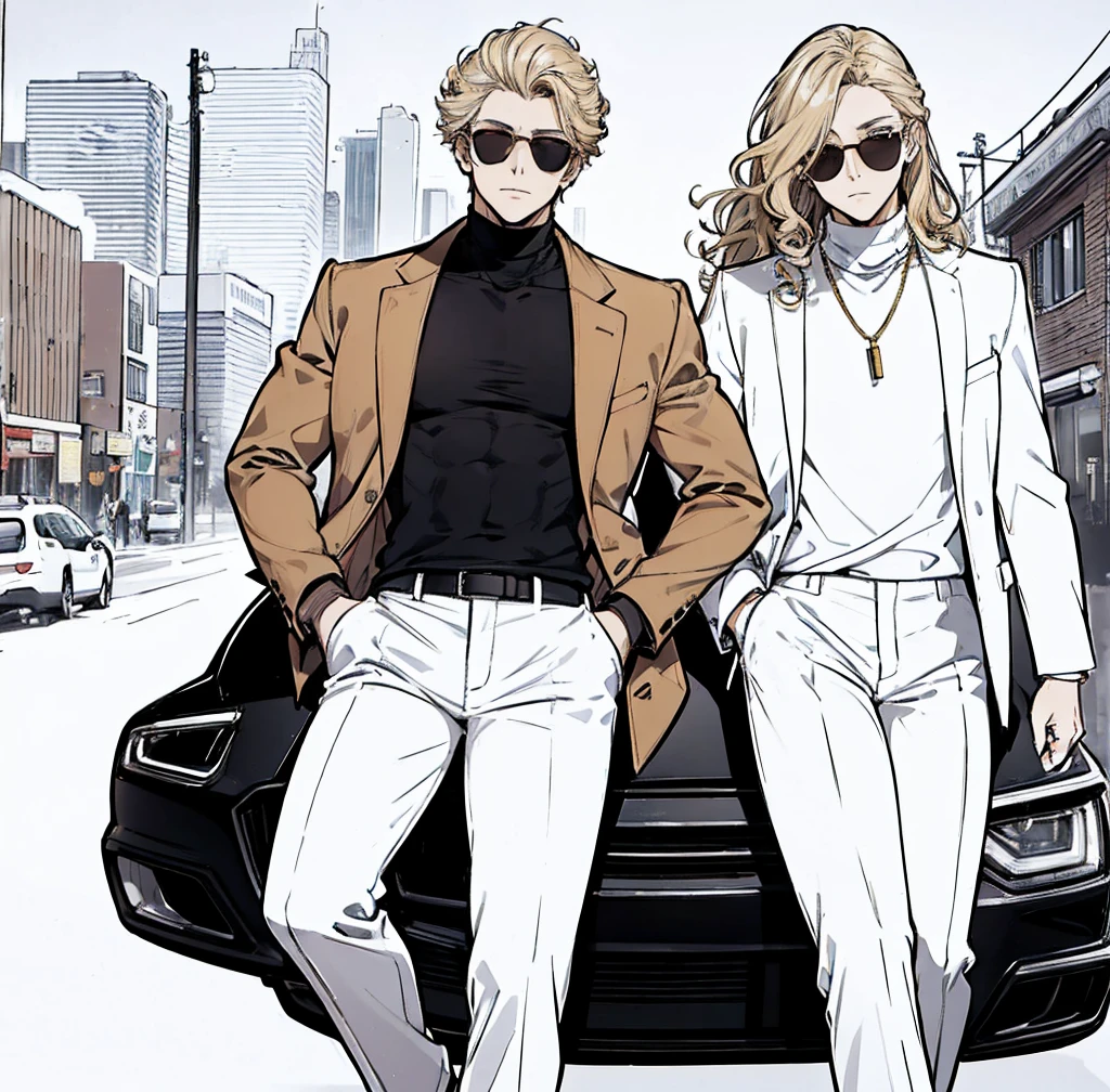 One person, Tall, tan, male, lean and fit, blonde gold curly hair, deep brown eyes, wearing black velvet long sleeve turtleneck, white collard jacket, white pants, white high tops, handsome as hell, wearing sunglasses.