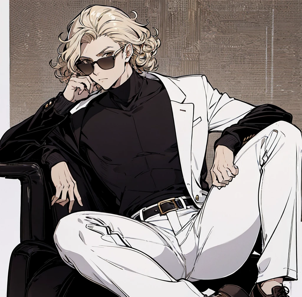 One person, Tall, tan, male, lean and fit, blonde gold curly hair, deep brown eyes, wearing black velvet long sleeve turtleneck, white collard jacket, white pants, white high tops, handsome as hell, wearing sunglasses.