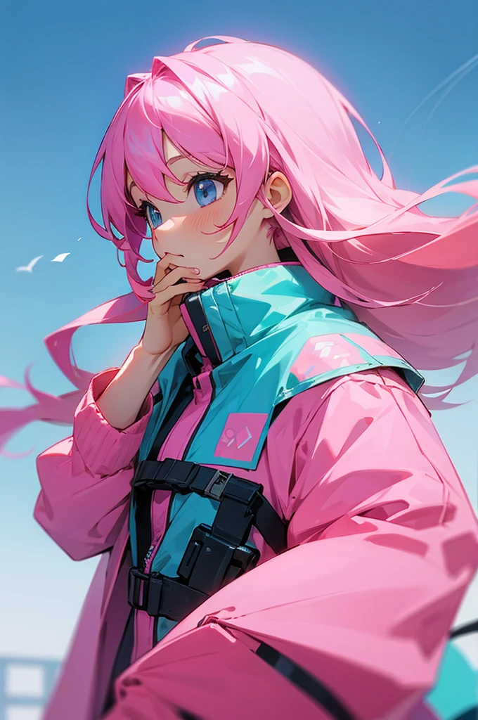 Pastel pink hair, 1Girl, Windbreaker clothing, Long-haired, goggles, facing towards camera