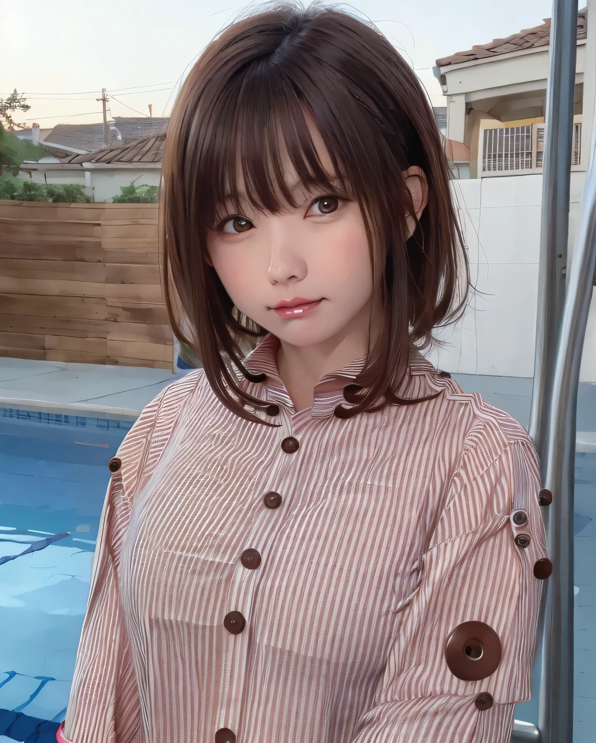 Purelos Face_v1, Highest quality, Realistic, 8K, High resolution, Full Color, One girl, woman, 20 years old woman, (Mouth closed:1.33), (Portraiture:0.6), wood, Dawn, ((Poolside Background:1.52)), Full Color, ((Buttoned shirt:1.88)), View your viewers:1.8, (One girl eyes View your viewers:1.55), (Medium Hair, Brown Hair, Parted bangs:1.35), (Bokeh),