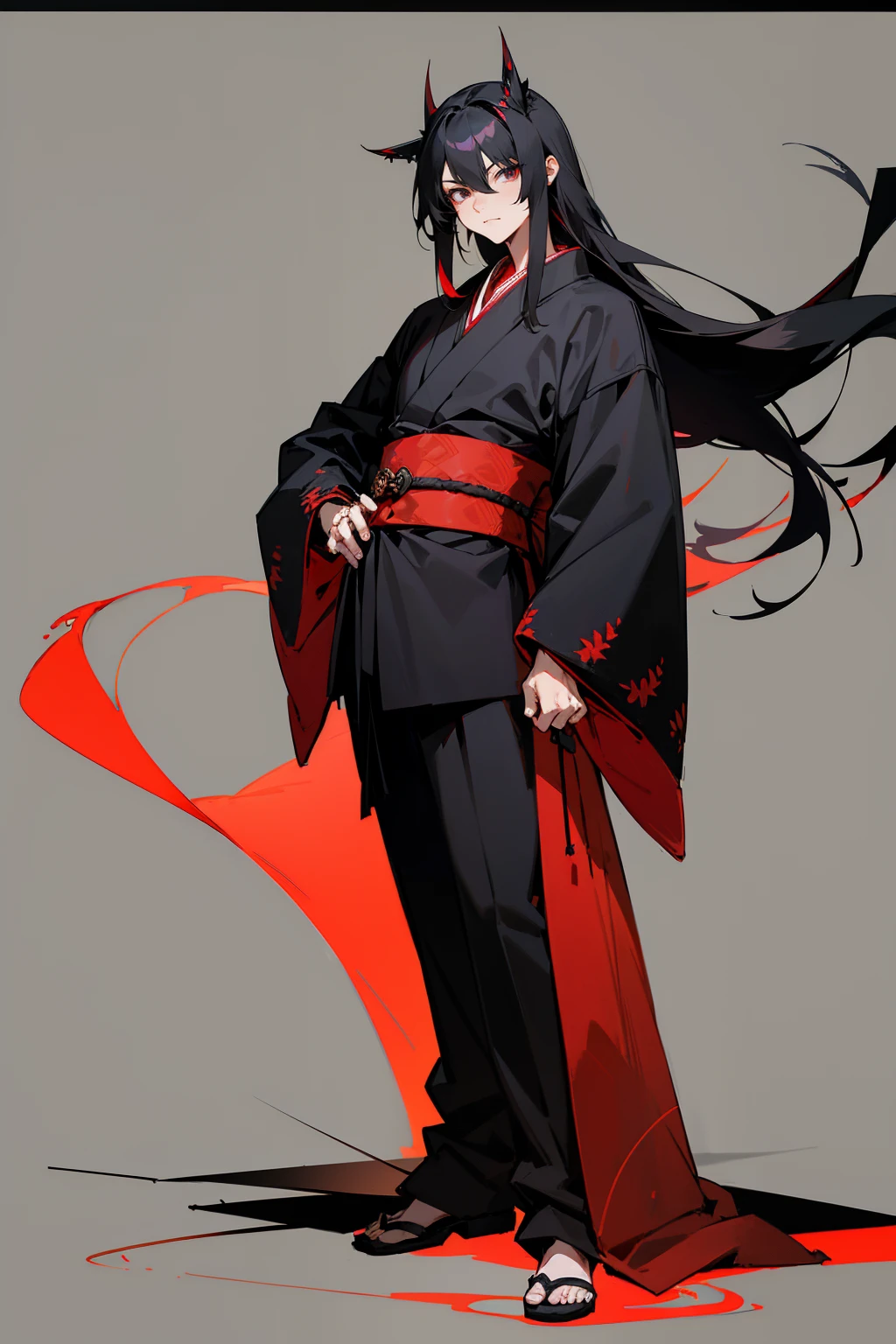 Masterpiece Quality, Perfect Generation, , Detailed Eyes, , Red And Black Long Spiky Hair, Black And Red Haori, Bored Expression, , Full Body, , , Standing, Facing Viewer, Male, , Clothed, Kimono, Standing In Japanese House, Night, , Long Black Hair, Sheathed Katana on hip, Must Have Background