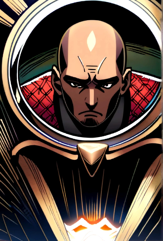 A bald, black man is speaking into a megaphone.
