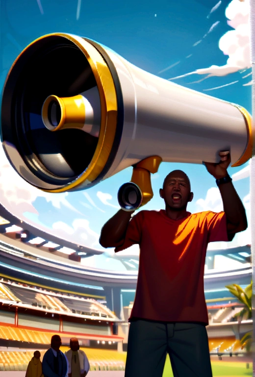 A bald, black man is speaking into a megaphone.