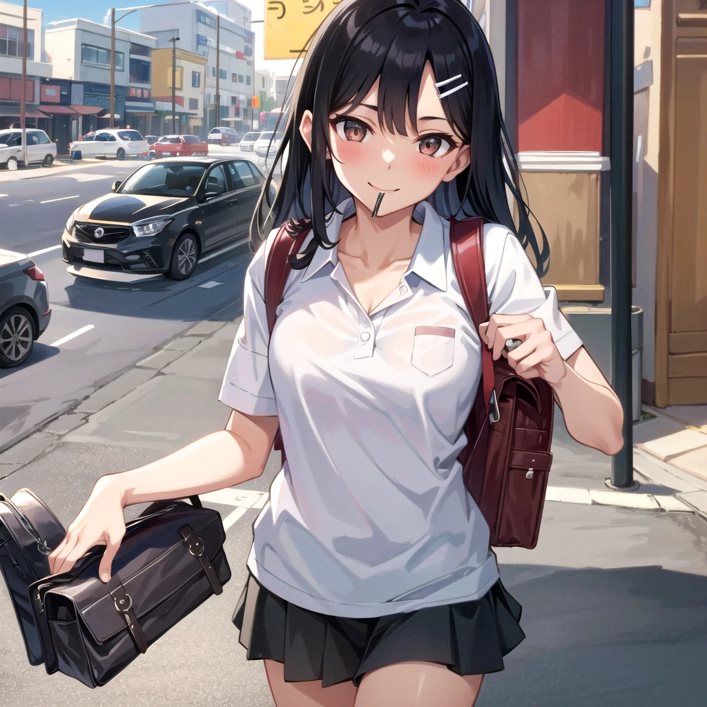 ((best quality)), ((masterpiece)), (detailed), 1girl, sexly((best quality)), ((masterpiece)), (detailed), 1girl, sexly((Highest quality)), ((masterpiece)), (detailed), One girl, whole body、Sexy expensive body, expensive, Long legs, mature female, mature, Adult, It is_nagatoro_main, nagatoro hayase, One girl, blush, alone, White polo shirt、 Black Hair, bag, Brown eyes, hair ornaments, View your viewers, Hair Clip, Outdoor, Backpack, smile, Long Hair, White shirt, Dark skinned women, Dark Skin, , bangs, Day, skirt, Collared shirt, clavicle, Ear Clip, Rolled up my sleeves, Mouth closed, wood, asymmetrical bangs, Upper Body