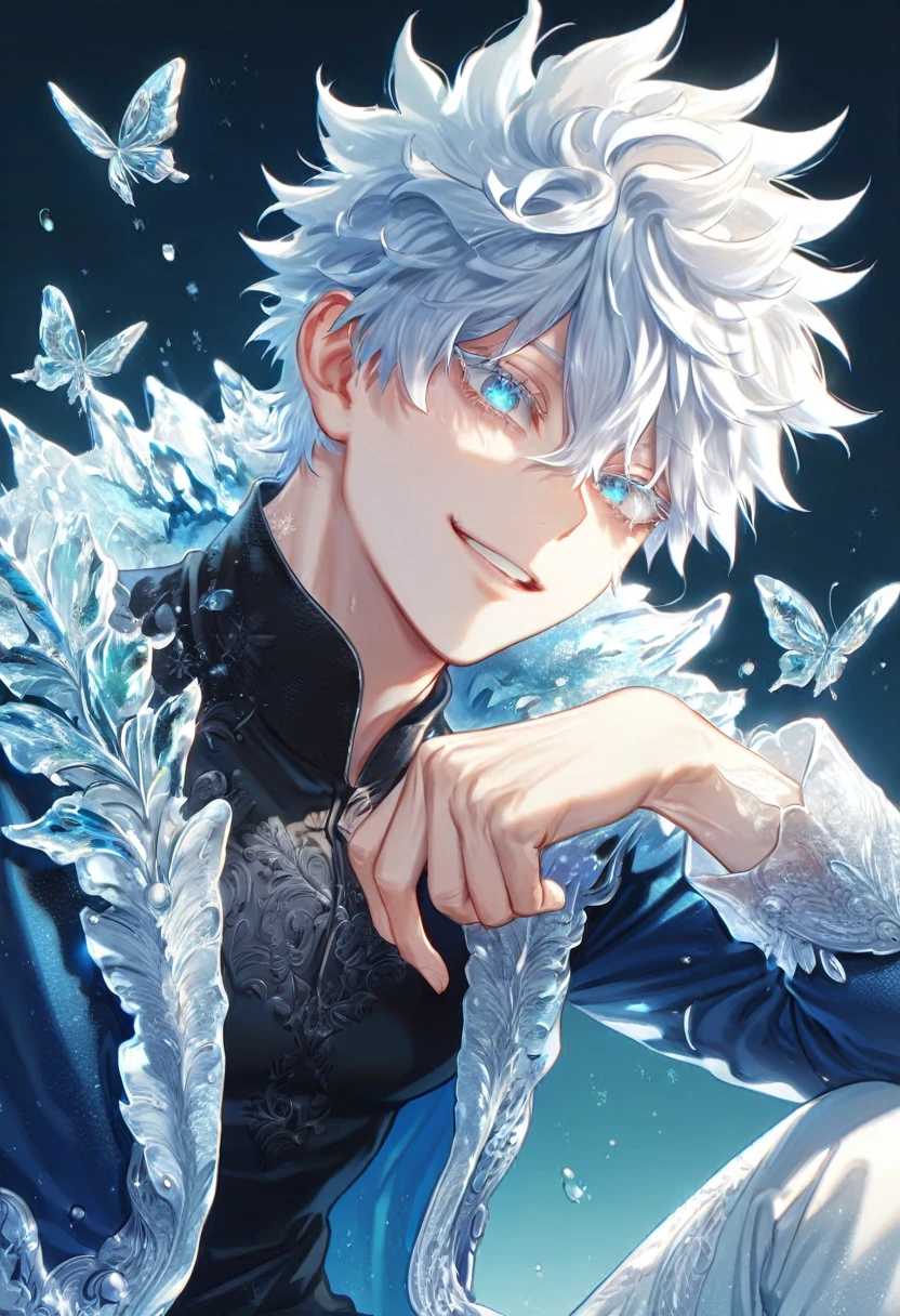 absurdres, highres, ultra detailed, HDR, master piece, best quality, extremely detailed face, delicated features, Gojou Satoru, white hair, messy hair, hair between the eyes, expressive blue eyes, white eyelashes, Boku No Hero Academia, sexy man, solo, handsome, smiling, blue jacket with fur, black shirt, sitting, fantasy, magical, ice, ice butterflies, snowflakes, starry night, ice style