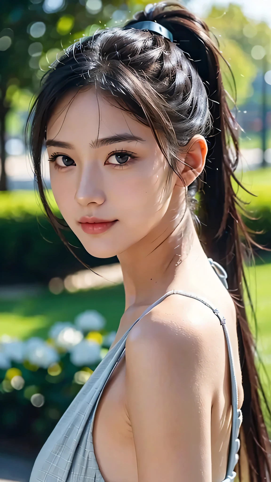 dress,outdoors,Urban Park,On the lawn,One woman,close up face,fully body photo,masutepiece, The highest image quality, High quality, the background is clear,Beautiful woman, Japanese, Detailed, Ultra-detailed, finely detail, hight resolution, 8K Wallpaper, Perfect dynamic composition, Beautiful detailed eyes ,Detailed eyes, Detailed skin, Beautiful skin, 超hight resolution, (reality: 1.4),Very beautiful woman, Slightly younger face, Beautiful skin, slender, (Ultra photo realsisim), (hight resolution), (8K), (Very detailed) (beautifully detailed eyes), (super detailed), (Detailed face), view the viewer, Fine details, Detailed face, Staring straight ahead, Staring straight ahead, photos realistic, Bright lighting, Professional Lighting, Black hair,poneyTail,a baby face,sixteen years old,Hairstyle: ponytail,Long ponytail hairstyle,slight smile,