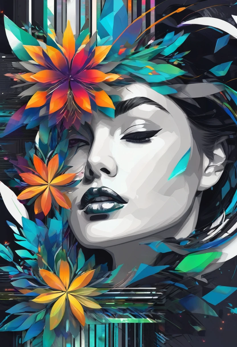 The flower petals should seamlessly blend with pixelated elements and glitch effects, symbolizing the fusion of nature and technology. The background of the shirt is neutral (white, black, or dark gray) to highlight the vibrant colors of the flower. Surround the flower with a soft glow of gradient colors transitioning from natural greens and blues to vibrant neons. Add fine metallic geometric lines interwoven with the main design, giving a touch of elegance and sophistication. Include a small, minimalist "Éclat" signature at the lower right corner of the design, accompanied by a tiny digital icon. Ensure the design is detailed and visually captivating, suitable for a high-quality, modern, and slightly fitted t-shirt made from organic cotton with a touch of elastane.