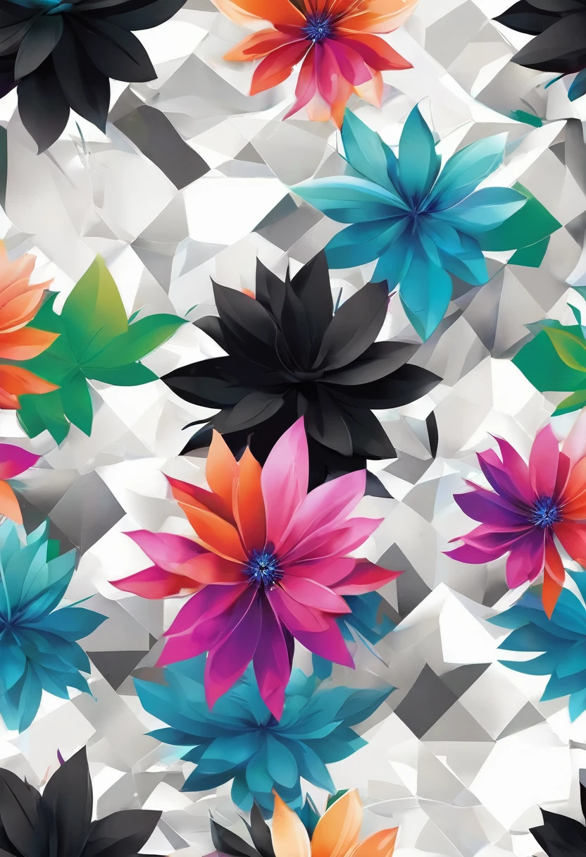 The flower petals should seamlessly blend with pixelated elements and glitch effects, symbolizing the fusion of nature and technology. The background of the shirt is neutral (white, black, or dark gray) to highlight the vibrant colors of the flower. Surround the flower with a soft glow of gradient colors transitioning from natural greens and blues to vibrant neons. Add fine metallic geometric lines interwoven with the main design, giving a touch of elegance and sophistication. Include a small, minimalist "Éclat" signature at the lower right corner of the design, accompanied by a tiny digital icon. Ensure the design is detailed and visually captivating, suitable for a high-quality, modern, and slightly fitted t-shirt made from organic cotton with a touch of elastane.