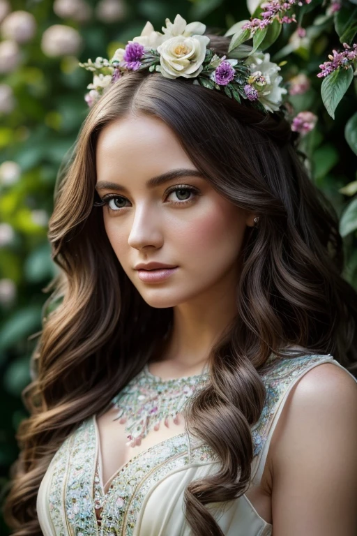 a beautiful young woman with long curly hair below the waist, porcelain skin, delicate facial features, wearing a detailed ornate dress, standing in a lush garden, (best quality,4k,8k,highres,masterpiece:1.2),ultra-detailed,(realistic,photorealistic,photo-realistic:1.37),intricate details,HDR,UHD,studio lighting,extremely detailed eyes and face,longeyelashes,detailed flowers,detailed foliage,vibrant colors,cinematic lighting,dramatic shadows,elegant,whimsical