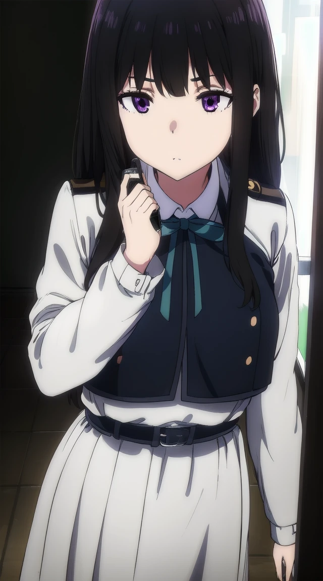 1girl,((black hair))
BREAK ((inoue takina, long hair, bangs, black hair, (purple eyes:1.2),crop top, white socks, shirt, long sleeves, dress, ribbon, , white shirt, collared shirt, belt, neck ribbon, blue dress, green ribbon, pleated dress, grey dress, two-tone dress, blue belt, lycoris uniform,:1))
BREAK ((blank eyes, mind control,StSPendulum,phone in corner:1.4))
BREAK indoors,
BREAK looking at viewer,
BREAK (masterpiece:1.2), best quality, high resolution, unity 8k wallpaper, (illustration:0.8), (beautiful detailed eyes:1.6), extremely detailed face, perfect lighting, extremely detailed CG, (perfect hands, perfect anatomy),