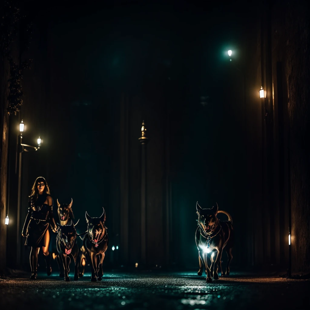 she is a demon, walking her cerberus in the dark place