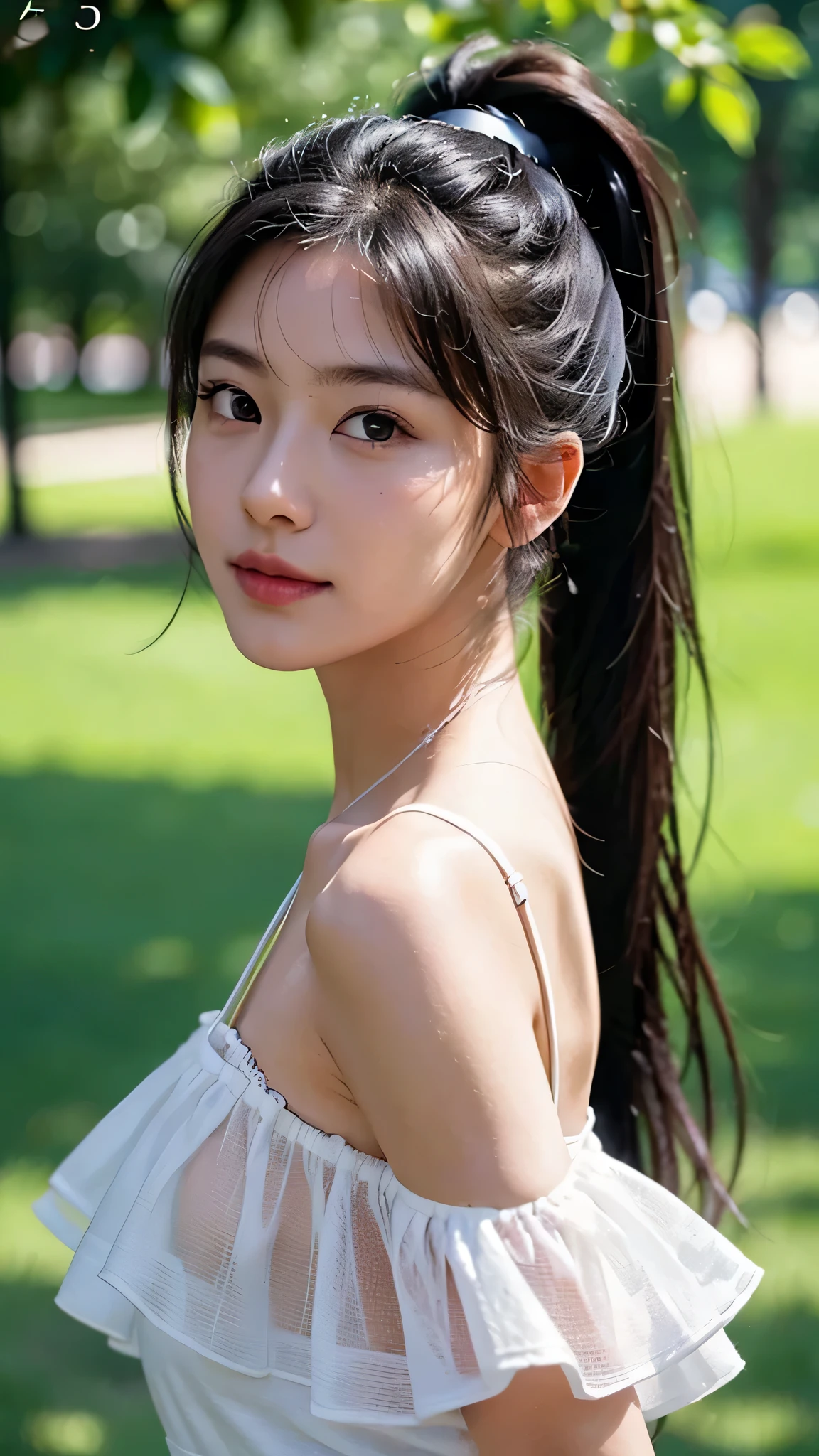 dress,outdoors,Urban Park,On the lawn,One woman,close up face,fully body photo,masutepiece, The highest image quality, High quality, the background is clear,Beautiful woman, Japanese, Detailed, Ultra-detailed, finely detail, hight resolution, 8K Wallpaper, Perfect dynamic composition, Beautiful detailed eyes ,Detailed eyes, Detailed skin, Beautiful skin, 超hight resolution, (reality: 1.4),Very beautiful woman, Slightly younger face, Beautiful skin, slender, (Ultra photo realsisim), (hight resolution), (8K), (Very detailed) (beautifully detailed eyes), (super detailed), (Detailed face), view the viewer, Fine details, Detailed face, Staring straight ahead, Staring straight ahead, photos realistic, Bright lighting, Professional Lighting, Black hair,poneyTail,a baby face,,Hairstyle: ponytail,Long ponytail hairstyle,slight smile,
