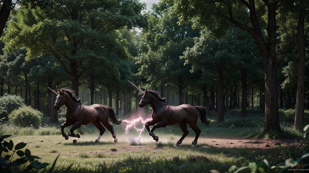 a black unicorn and a pink unicorn fighting each other in a green forest,magical fantasy,highly detailed,cinematic lighting,vibrant colors,dramatic composition,epic,digital art