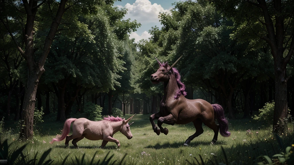 a black unicorn and a pink unicorn fighting each other in a green forest,magical fantasy,highly detailed,cinematic lighting,vibrant colors,dramatic composition,epic,digital art