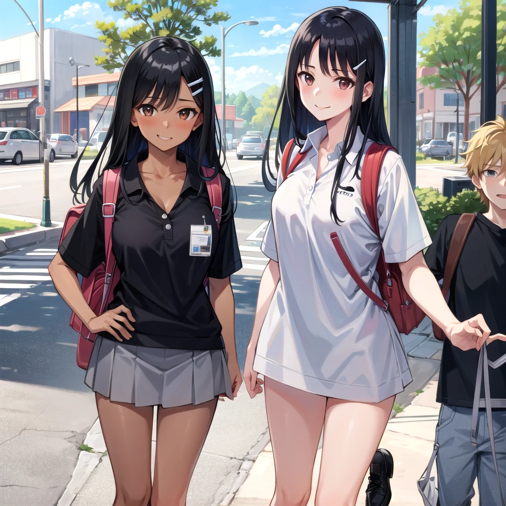 ((best quality)), ((masterpiece)), (detailed), 1girl, sexly((best quality)), ((masterpiece)), (detailed), 1girl, sexly((Highest quality)), ((masterpiece)), (detailed), One girl, whole body、Sexy expensive body, expensive, Long legs, mature female, mature, Adult, It is_nagatoro_main, nagatoro hayase, One girl, blush, alone, White polo shirt、 Black Hair, bag, Brown eyes, hair ornaments, View your viewers, Hair Clip, Outdoor, Backpack, smile, Long Hair, White shirt, Dark skinned women, Dark Skin, , bangs, Day, skirt, Collared shirt, clavicle, Ear Clip, Rolled up my sleeves, Mouth closed, wood, asymmetrical bangs, Upper Body