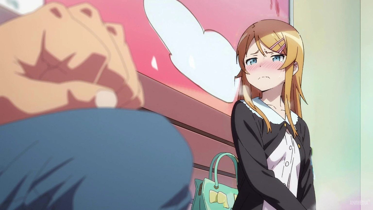 1girl, kousaka kirino, ore no imouto ga konna ni kawaii wake ga nai, masterpiece, best quality, very aesthetic, absurdres, (faint light), (deep shadows), anime coloring, nsfw, blush, cinematic lighting, realistic shadows, fine_ascxl, anime screencap, heavy breathing, steaming_body, (medium_breasts:1.0), night, nighttime, pitch black room, Finely detailed background, (disgust:1.0), looking_at_viewer, half_closed_eyes,