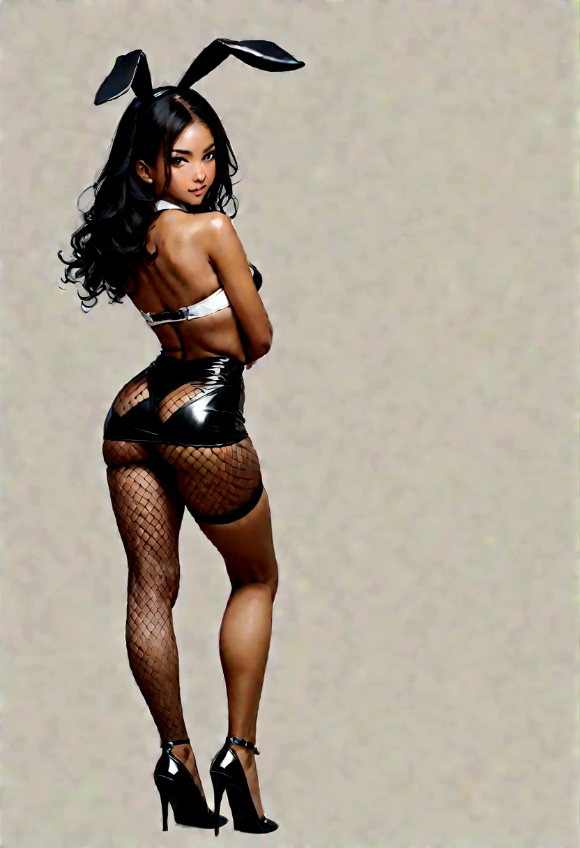 Attractive sexy african american woman 20 years old black curly hair to waist,Mini bandeau dress, Looking back, Big ass, A humble smile, Mesh stockings on the thighs, Good abs, Beautiful sexy long legs, (photo-realistic: 1,5) (tmasterpiece: 1,5) (best qualityer: 1,5) (color corrected) (Detail Skins: 1,5) (8K)Full body photo showing panties, bunny ears, black over-the-knee socks, high heels no background