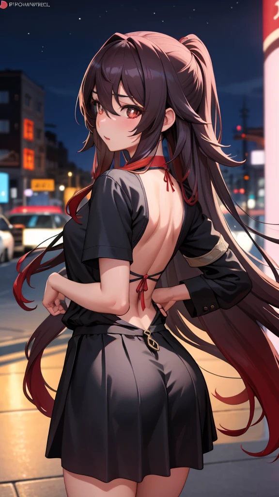 Tafah, Best quality, HuTaoV4, 1girl, Single, Blush, Twintel, long hair, Hair between the eyes, ((Street clothes)), city, in the fresh air, a night, Movie poster, Highly detailed 8K, Smooth, High accuracy, Superior quality, Cinema lighting, Surrounding blockage, High resolution, 2k, 4K, 8 kilos, 16 kg, Highly detailed anime, Detailed faces, Perfect configuration, View shot, Atmospheric lighting, so interesting, skirt lift, Random low back angle, Uncensored, NSFW, Control