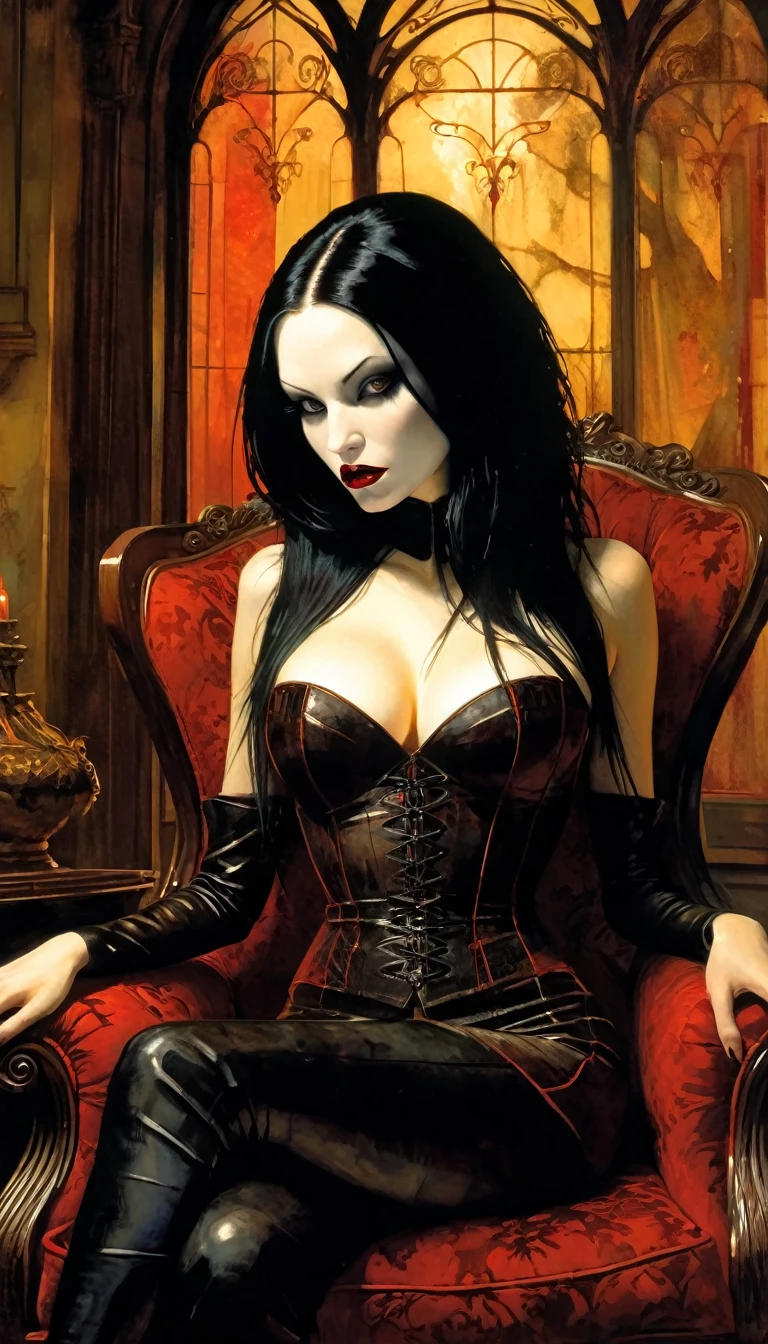 vampire girl, long black hair, middle age, full of blood, sexy middle age noble clothing, (((blood in the mouth))), slight smile, in a palace room, sitting in a luxurious armchair, large window with night view, dim light , sepia toned, (art inspired by Bill Sienkiewicz). oil painting)(best quality,4k,8k,highres,masterpiece:1.2),ultra-detailed,(realistic,photorealistic,photo-realistic:1.37),intricate details,vivid colors,sharp focus,professional,Dave McKean artwork, oil touch of surrealism,oil painting style