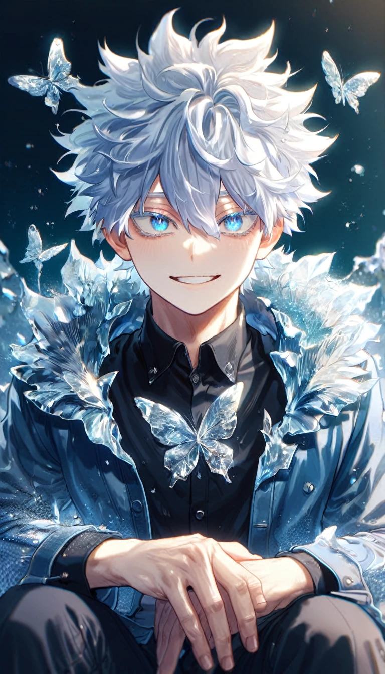 absurdres, highres, ultra detailed, HDR, master piece, best quality, extremely detailed face, delicated features, Gojou Satoru, white hair, messy hair, hair between the eyes, expressive blue eyes, white eyelashes, Boku No Hero Academia, sexy man, solo, handsome, smiling, blue jacket with fur, black shirt, sitting, black pants, fantasy, magical, ice, ice butterflies, snowflakes, starry night, ice style