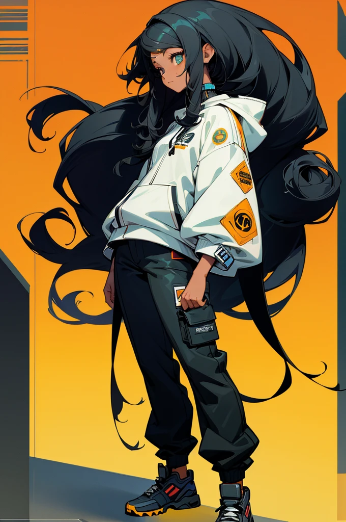 a woman with long black hair wearing a jacket and pants, African American skin, girl fanart, she is wearing streetwear, detailed anime character art, highly detailed character design, in style of digital illustration, anime style character, high quality character design, anime style illustration, cyberpunk anime girl in hoodie, black long curly hair, rossdraws | afrofuturism