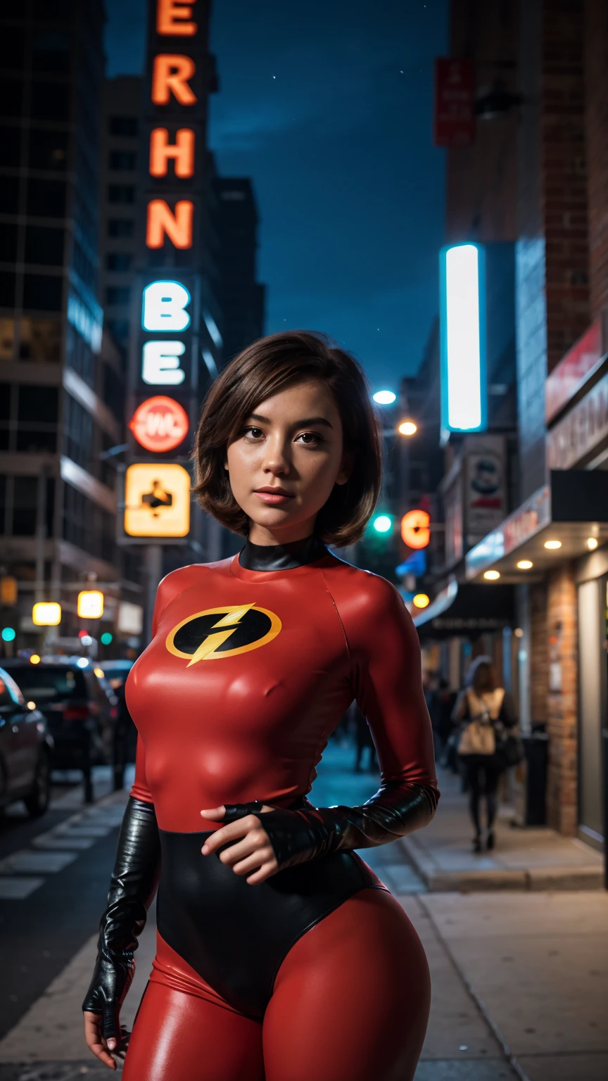 Masterpiece, (photorealistic1.4),Best quality, (solo), (1girl on night street)), (epiCRealLife), (lora:epiCFlashPhoto), (photorealistic1.4), (night scene), (night sky), (Helen Parr latex costume), (dakojohnold ), black elbow gloves), (black thighhigh), (Helen Parr bodysuit), (helen parr thighhigh) (helen parr short hair), (Helen Parr hairstyle), (outside patio), (1girl), (look at viewer), (demure), (close up), (spot light), (flashphoto, flash photography), (night time), (at night), (f/2.8), (cowboy shots), (upper body shot), (from front), (new york night street), (neon signs), (from front), (pose for pictures), 