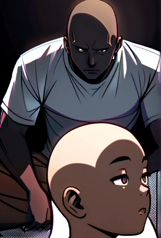 Black man, bald, wearing a white t-shirt and brown pants. 