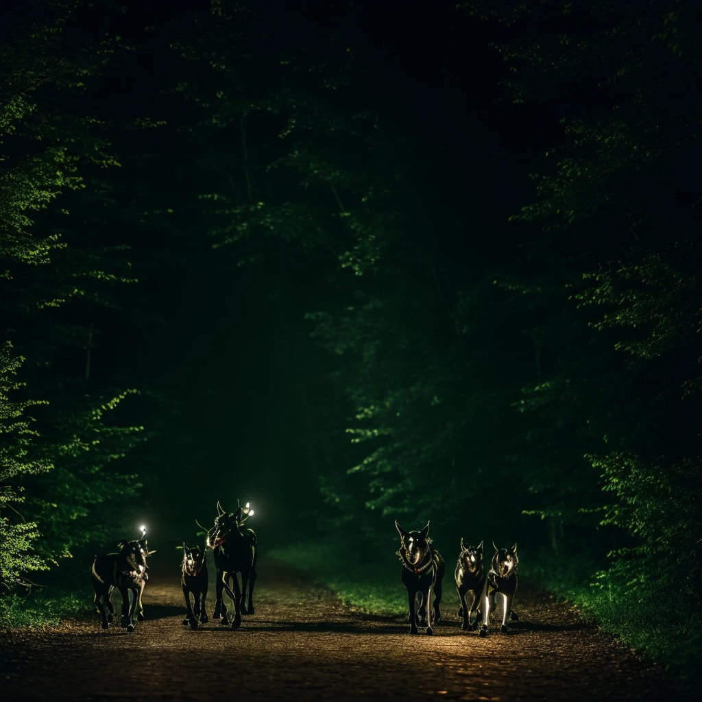 she is a demon, walking her cerberus in the dark forest