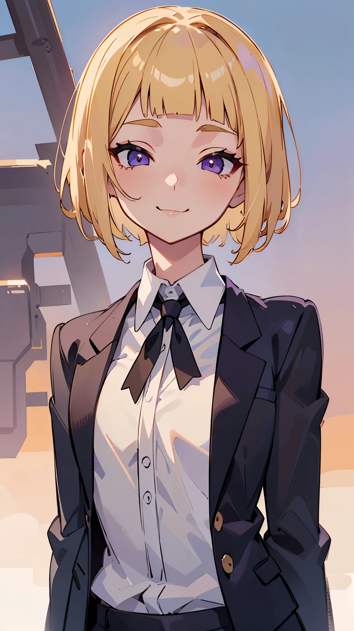 1 Girl、(blonde)、short hair、Bobcut、Blunt bangs、Beautiful purple eyes、Slender body、Upper body close-up、White shirt、Black work trousers、Black Fitted Blazer、Calm face、Mouth closed、Cheeky Smile、Squint your eyes、Park in the background、sunset、Soft lighting.