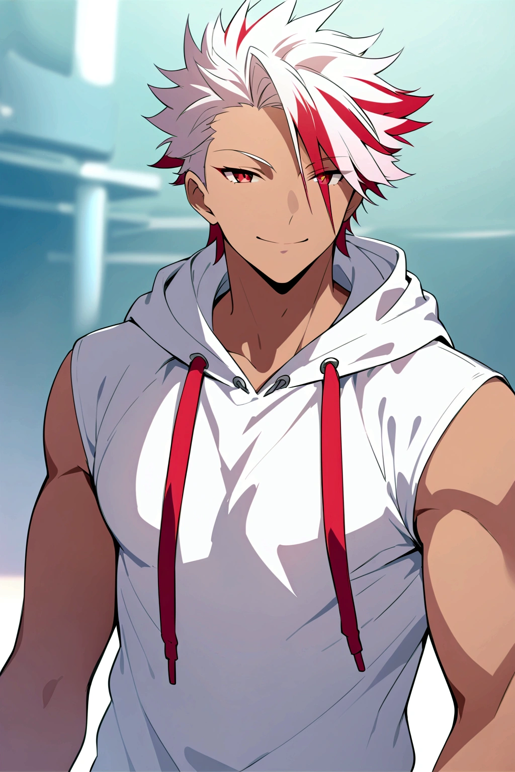((cheerful expression)), ((light skin)), ((hoodie)), ((mature male)), 1boy, beautifully drawn, high resolution illustration, best quality, High definition, ((detailed anime sketch)), Masterpiece, (solo), absurdres, portrait, ((upper body)), ((close-up)), ((red hair)), ((spiked hair)), detailed background, fine detail, male focus, HDR, ((short hair)), ((red eyes)),