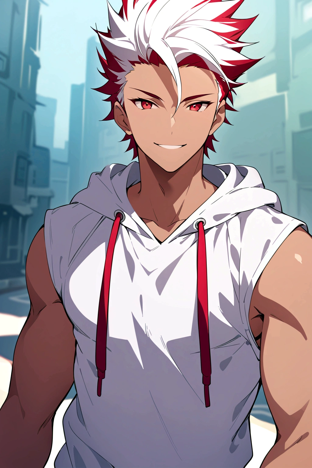 ((cheerful expression)), ((light skin)), ((hoodie)), ((mature male)), 1boy, beautifully drawn, high resolution illustration, best quality, High definition, ((detailed anime sketch)), Masterpiece, (solo), absurdres, portrait, ((upper body)), ((close-up)), ((red hair)), ((spiked hair)), detailed background, fine detail, male focus, HDR, ((short hair)), ((red eyes)),