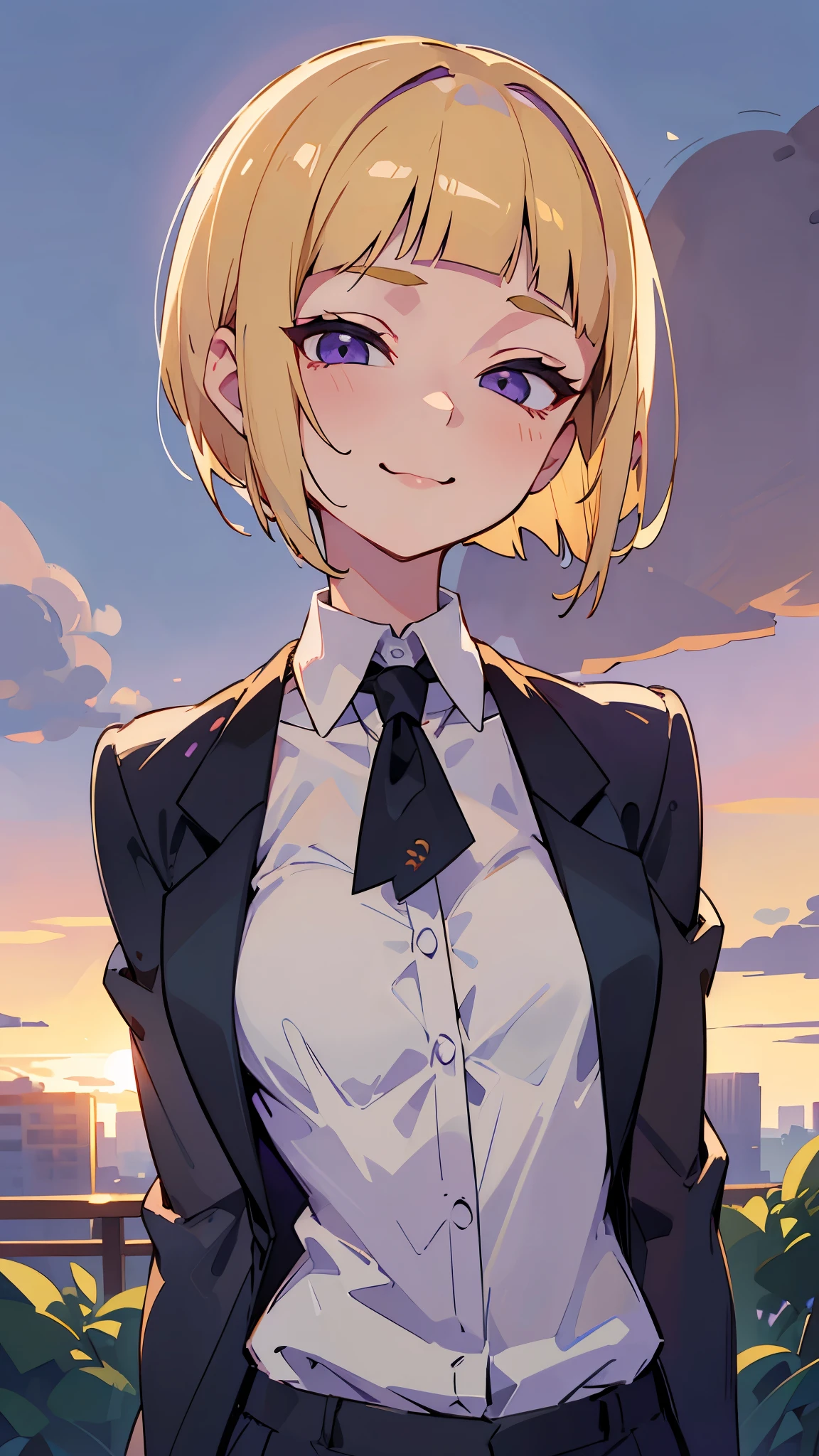 1 Girl、(blonde)、short hair、Bobcut、Blunt bangs、Beautiful purple eyes、Slender body、Upper body close-up、White shirt、Black work trousers、Black Fitted Blazer、Calm face、Mouth closed、Cheeky Smile、Squint your eyes、Park in the background、sunset、Soft lighting.